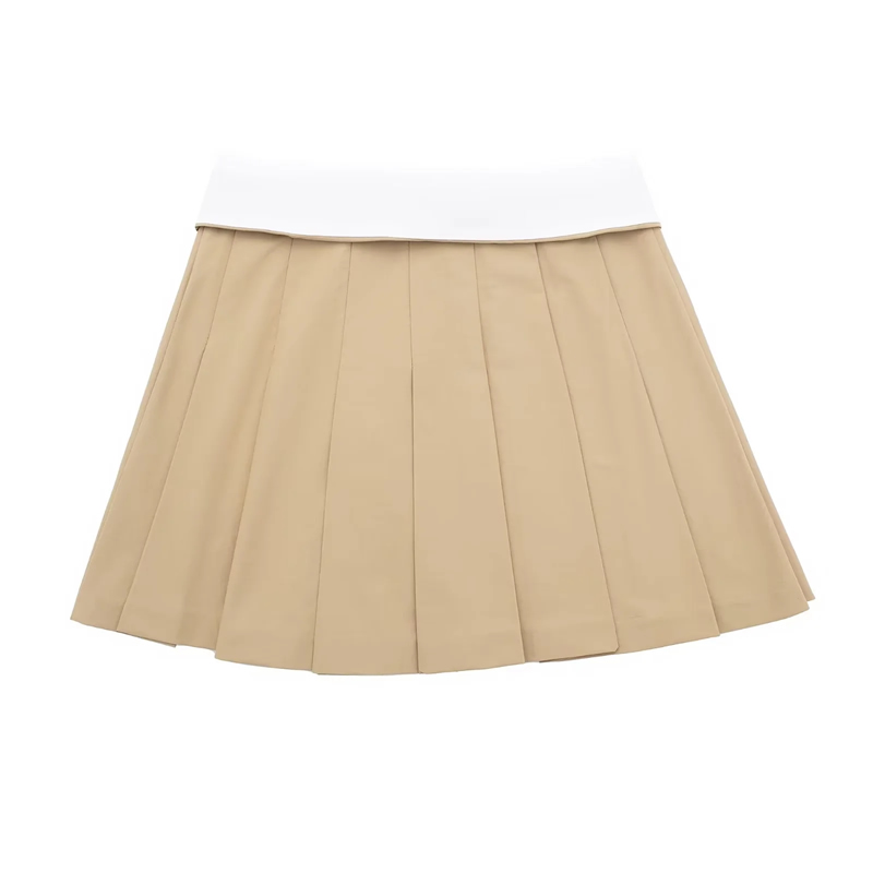 Fashion Khaki Blending Rolling Ribs Buckle Pleated Skirt,Skirts