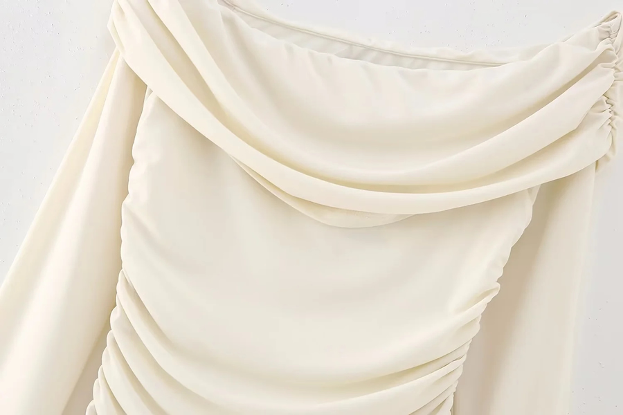 Fashion White Shutong -like Shoulder Pleated Dress,Long Dress