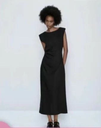 Fashion Black Capital Round Neck Fold Dress,Long Dress