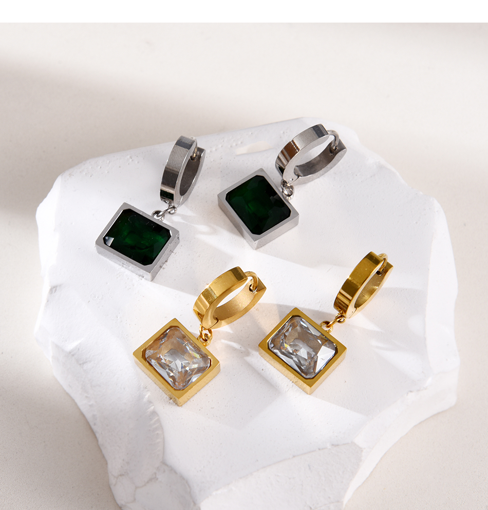 Fashion Gold+dark Green Titanium Steel Inlaid Block Pendant Pendant Ear Ring,Earrings