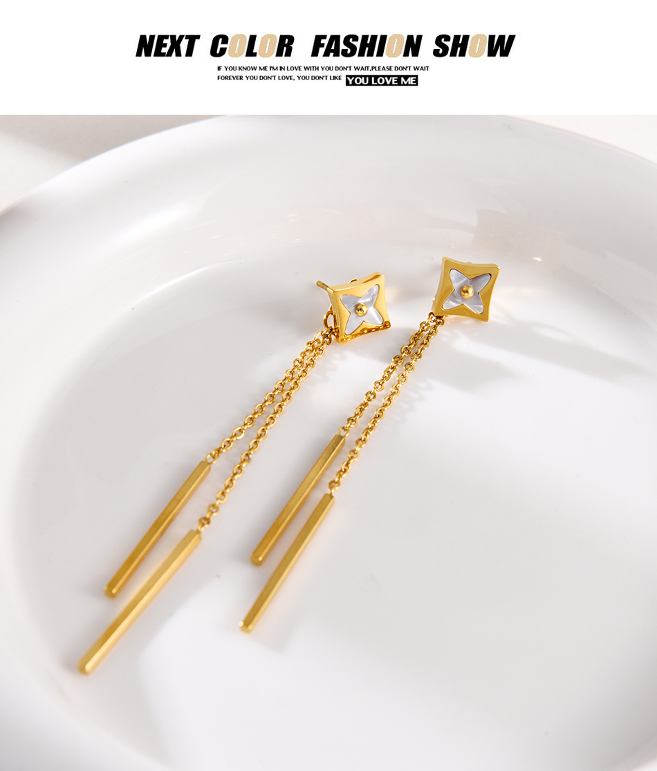 Fashion Gold Titanium Steel Shells Four -leaf Grass Flowing Earrings,Earrings
