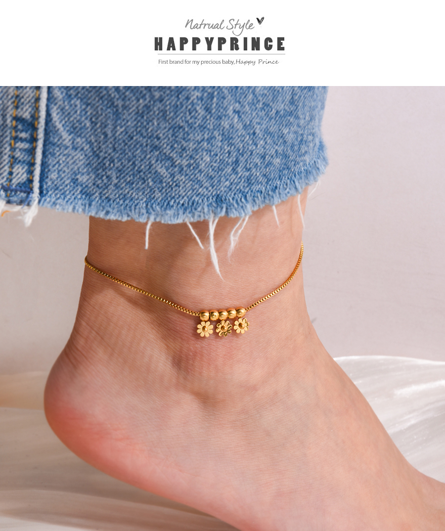 Fashion Rose Gold Titanium Steel Flower Pendant Tassel Beaded Anklet,Fashion Anklets