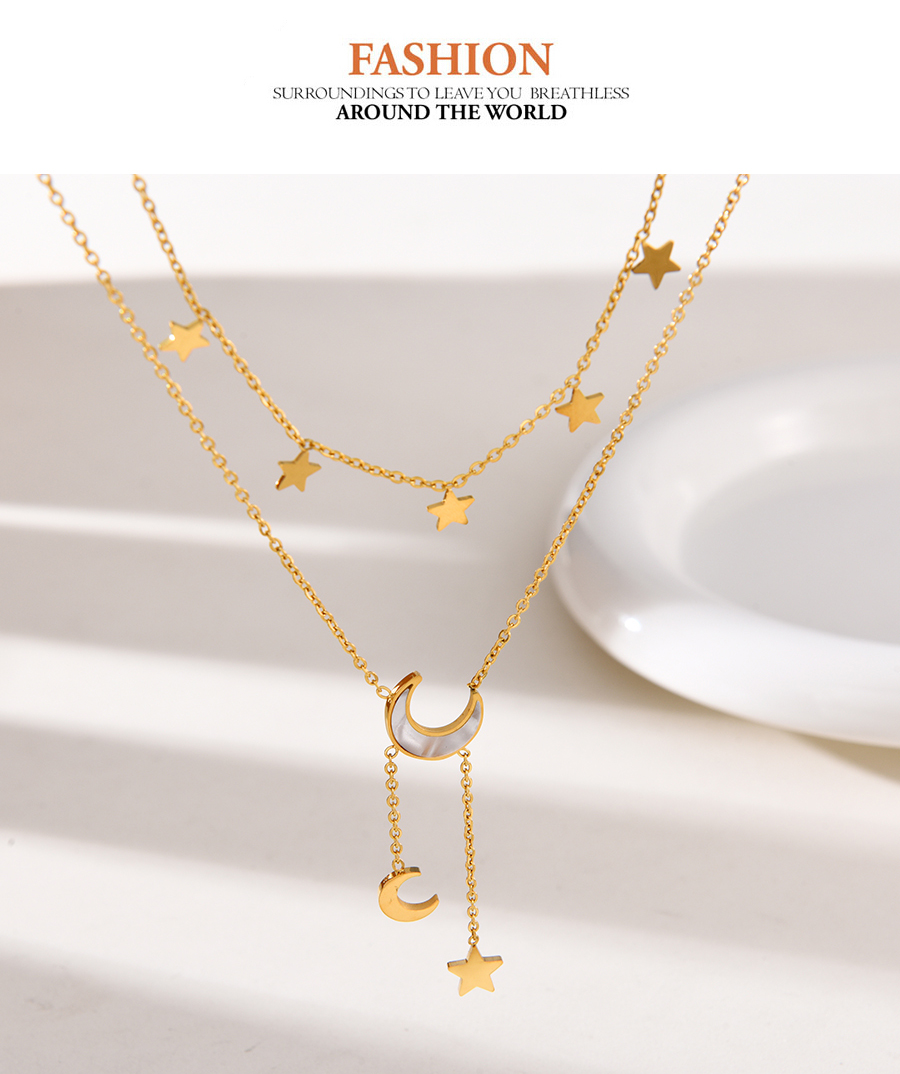 Fashion Gold Titanium Steel Double Shell Crescent Pendant Tassel Y Necklace,Necklaces