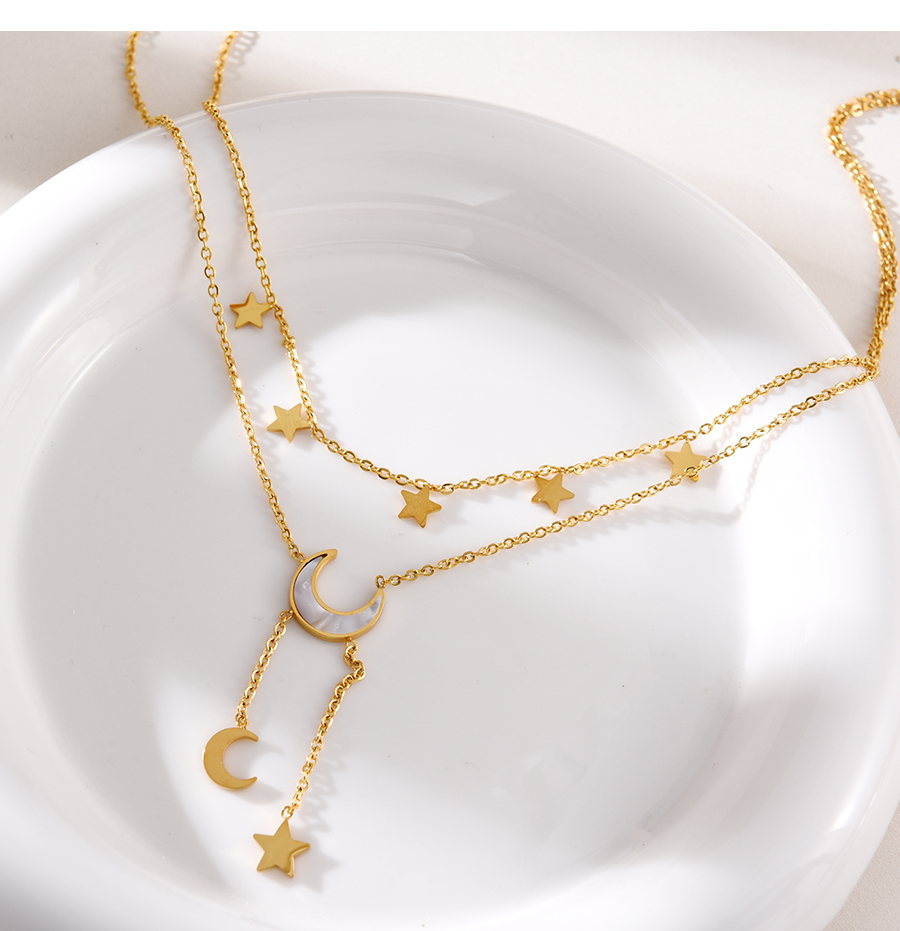 Fashion Gold Titanium Steel Double Shell Crescent Pendant Tassel Y Necklace,Necklaces