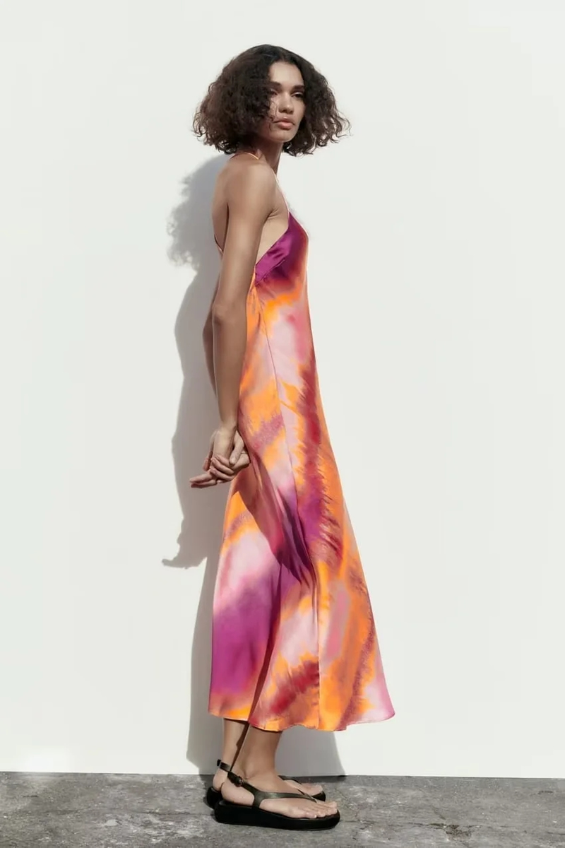 Fashion Color Silk Satin Print Cross Back Slip Dress,Long Dress