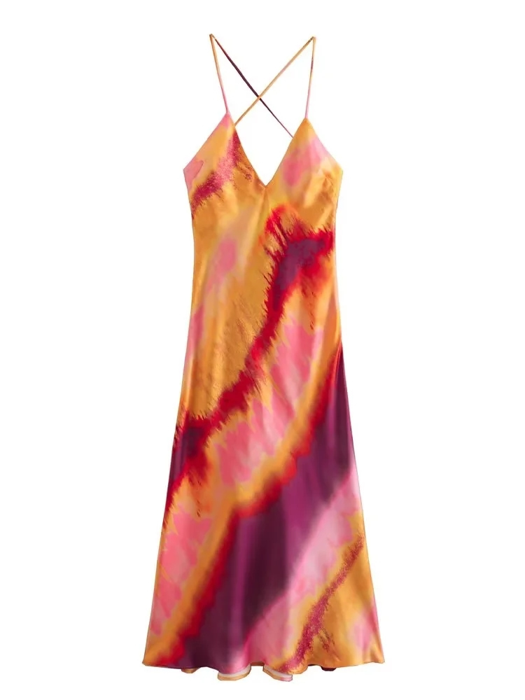 Fashion Color Silk Satin Print Cross Back Slip Dress,Long Dress