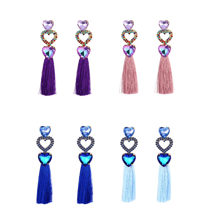 Fashion Purple Alloy Diamond Heart Tassel Stud Earrings,Stud Earrings