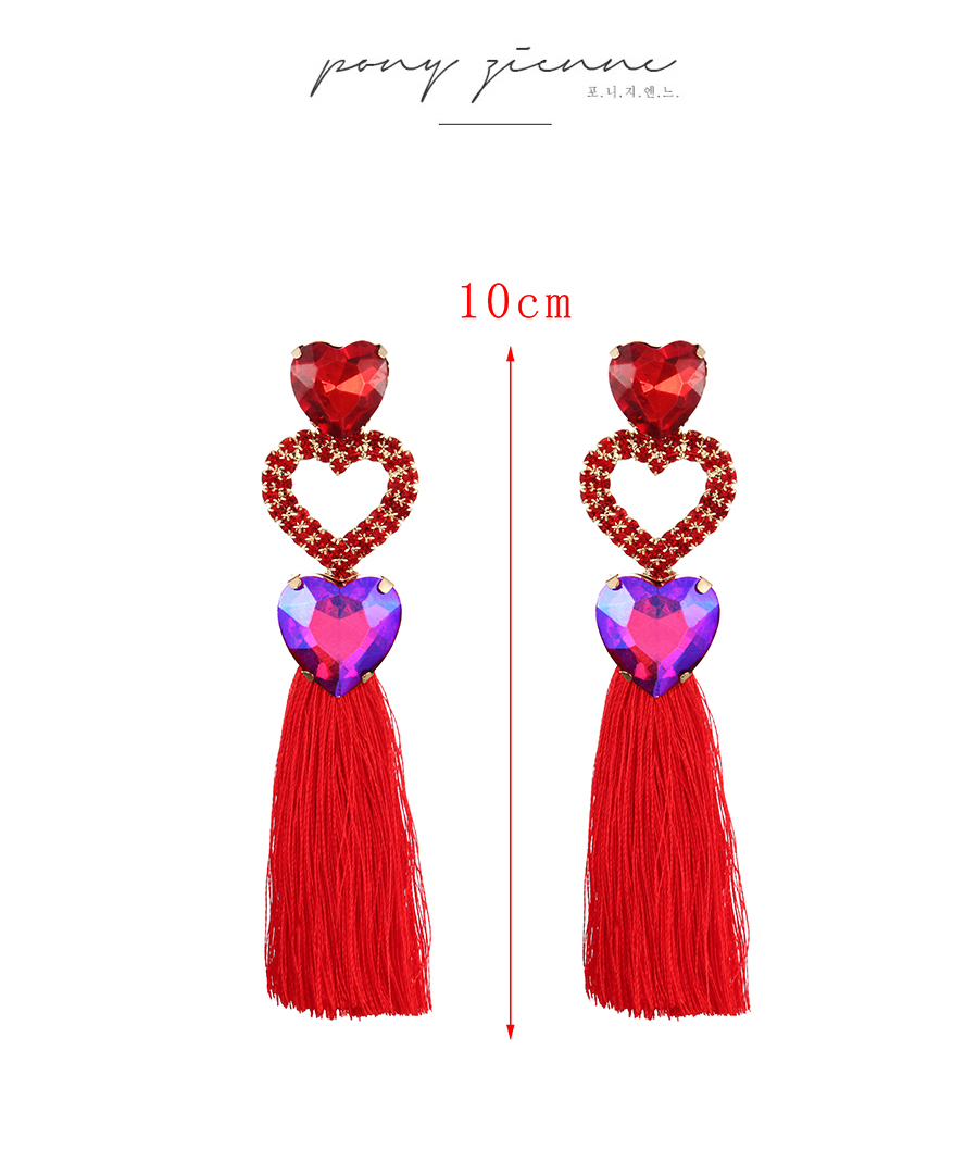 Fashion Red Alloy Diamond Heart Tassel Stud Earrings,Stud Earrings