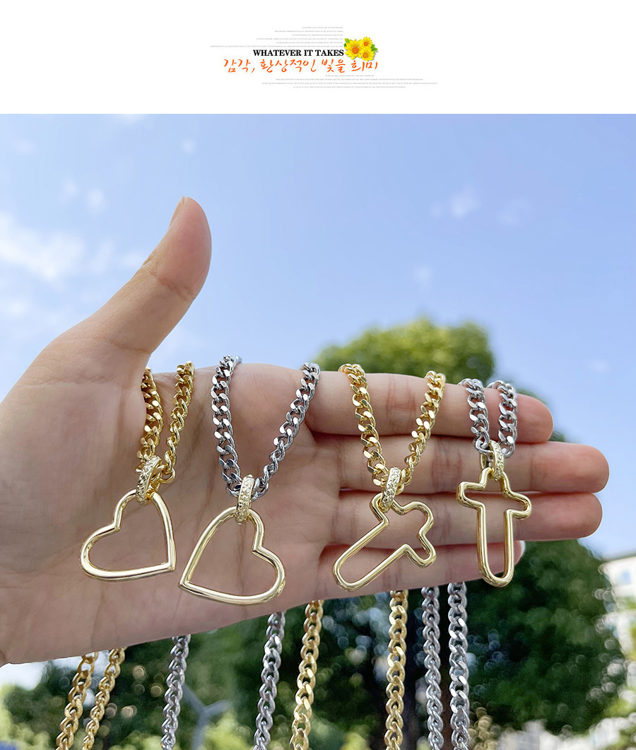 Fashion Silver Copper Bulky Chain Heart Pendant Necklace  Copper,Necklaces