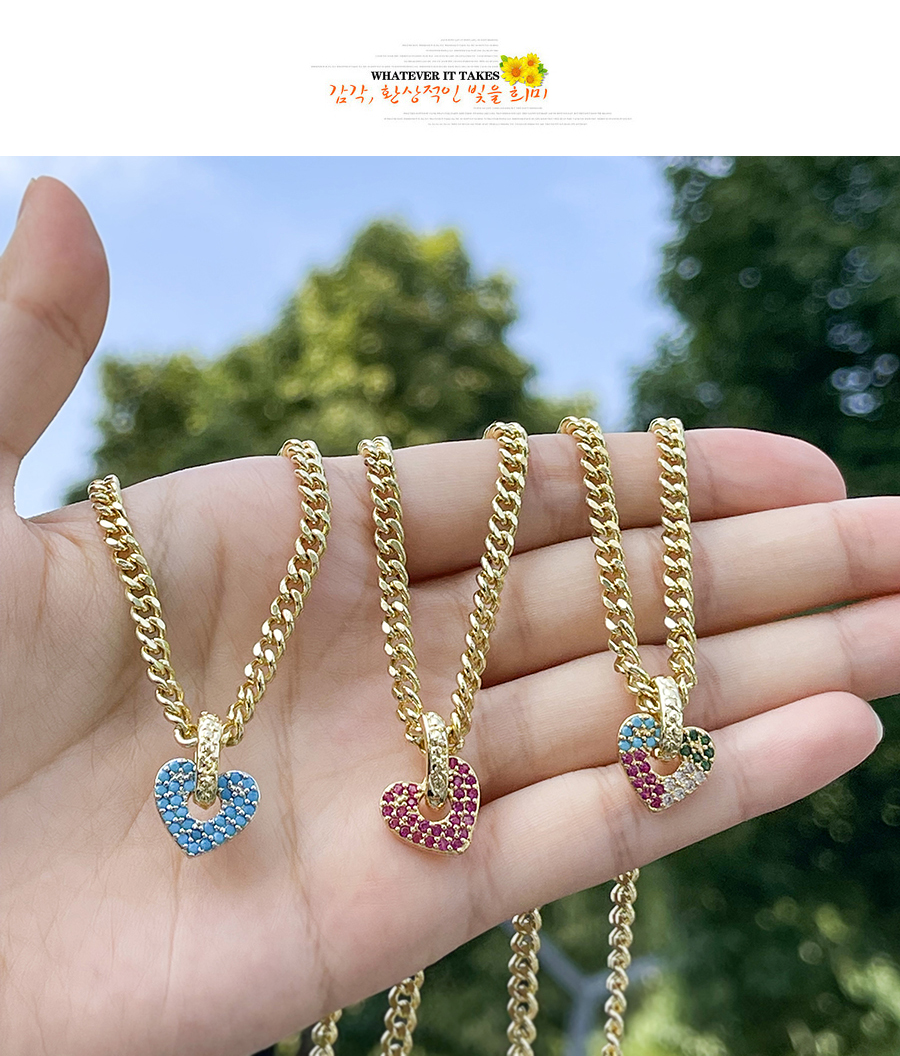 Fashion Gold-3 Bronze Zircon Bold Chain Heart Pendant Necklace In Copper  Copper Inlaid Zircon,Necklaces