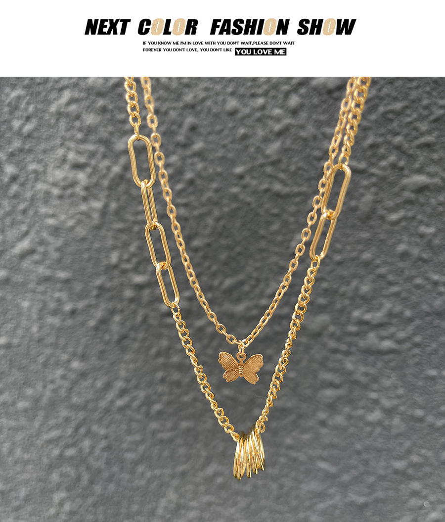 Fashion Gold Alloy Butterfly Ring Pendant Chain Double Layer Necklace,Multi Strand Necklaces