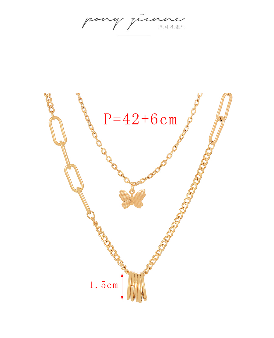 Fashion Gold Alloy Butterfly Ring Pendant Chain Double Layer Necklace,Multi Strand Necklaces
