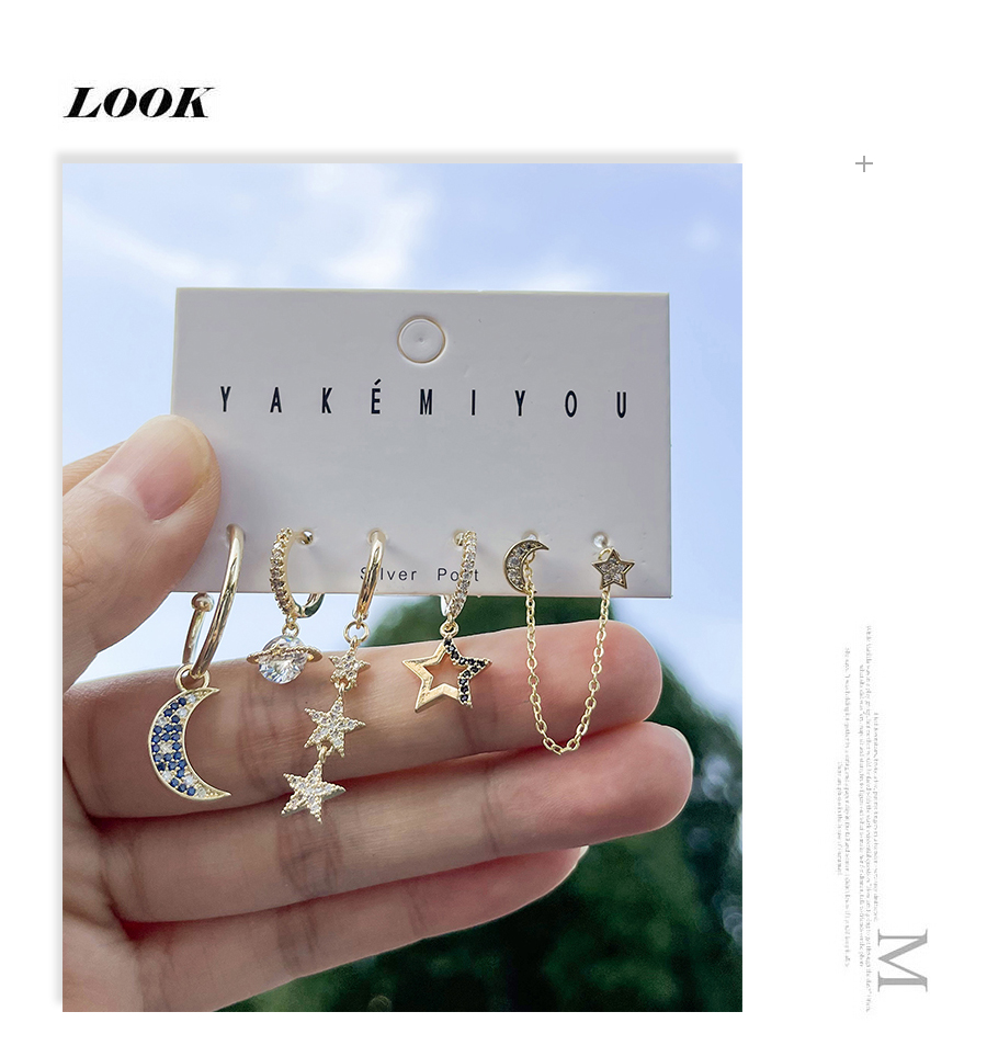 Fashion Gold 6-piece Set Of Copper Inlaid Zirconium Pentagram Crescent Earrings,Jewelry Set
