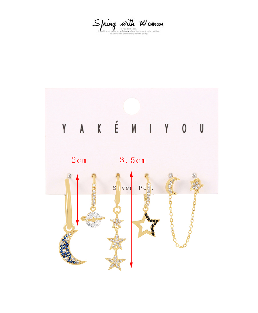 Fashion Gold 6-piece Set Of Copper Inlaid Zirconium Pentagram Crescent Earrings,Jewelry Set