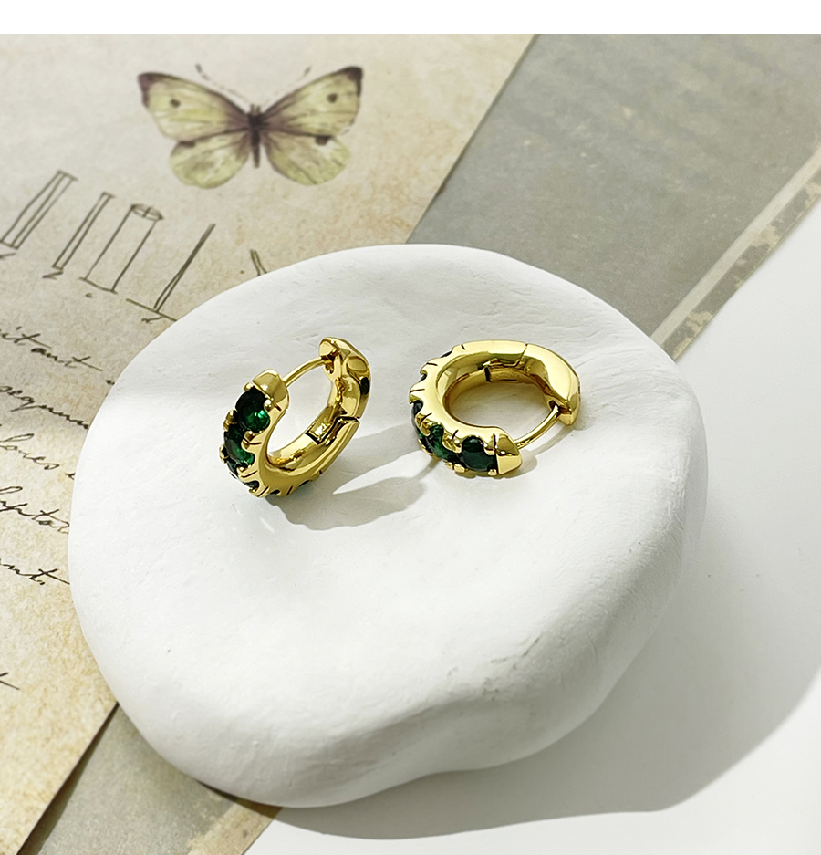 Fashion Dark Green Brass Inset Zirconium Round Earrings,Earrings