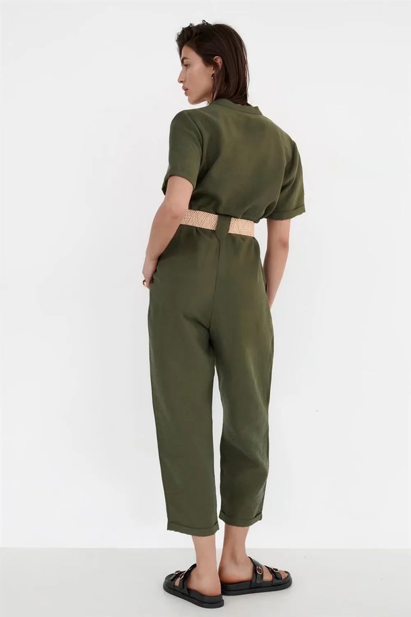 Fashion Green Geometric Belted Jumpsuit,Blouses