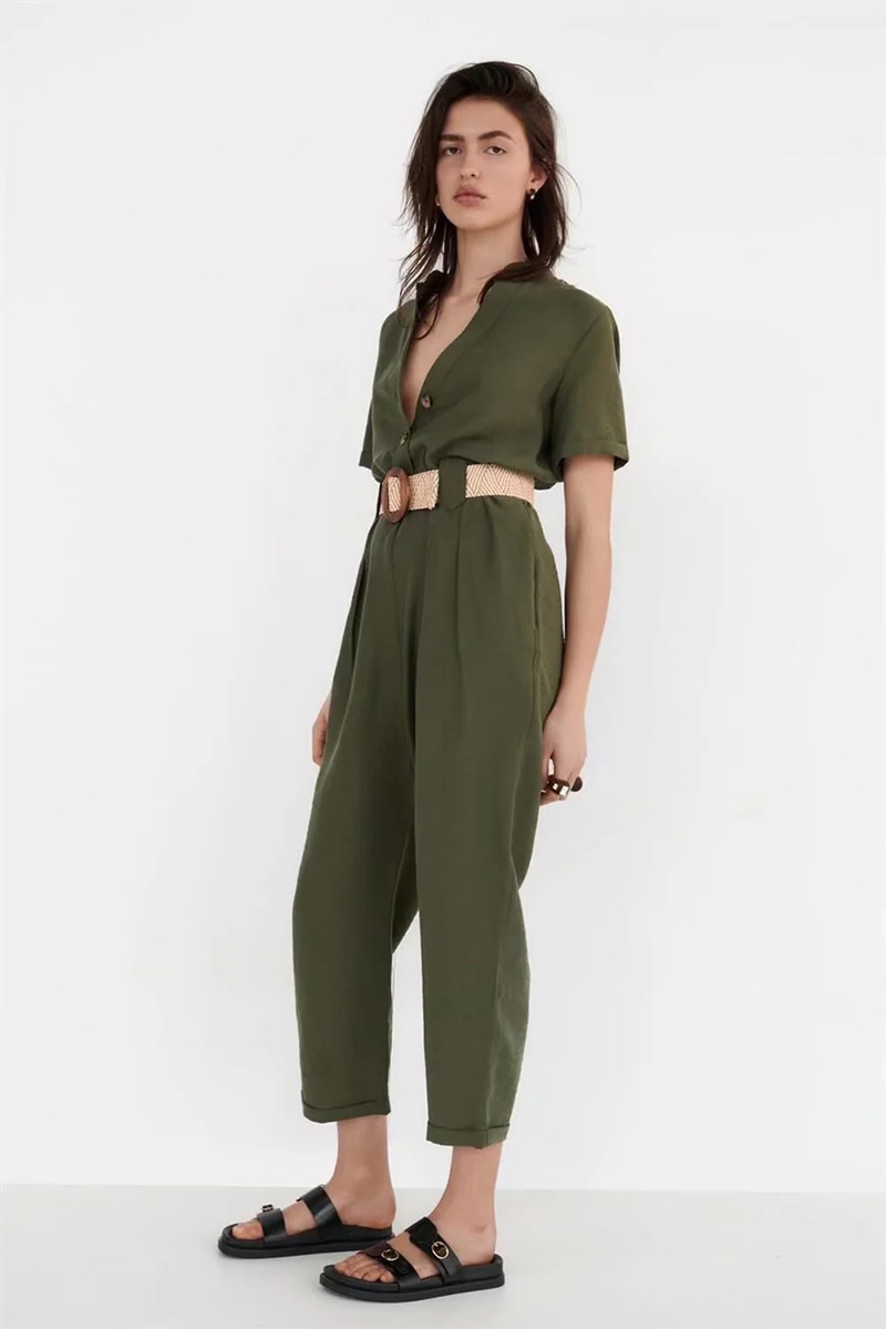 Fashion Green Geometric Belted Jumpsuit,Blouses