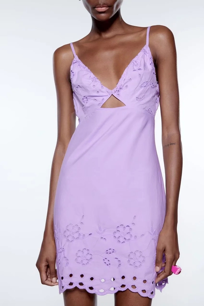 Fashion Purple Cotton V-neck Cutout Embroidered Dress,Mini & Short Dresses
