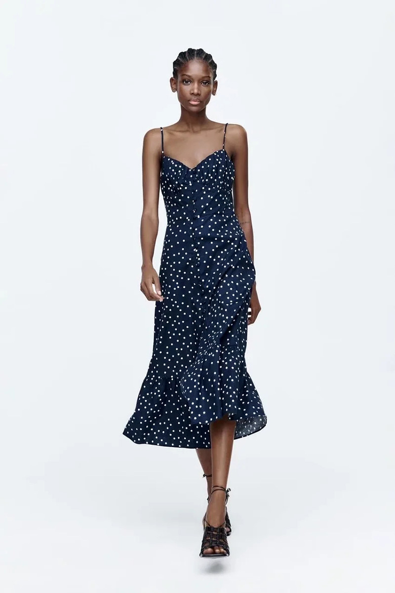 Fashion Blue Linen Polka-dot Slip Dress,Long Dress