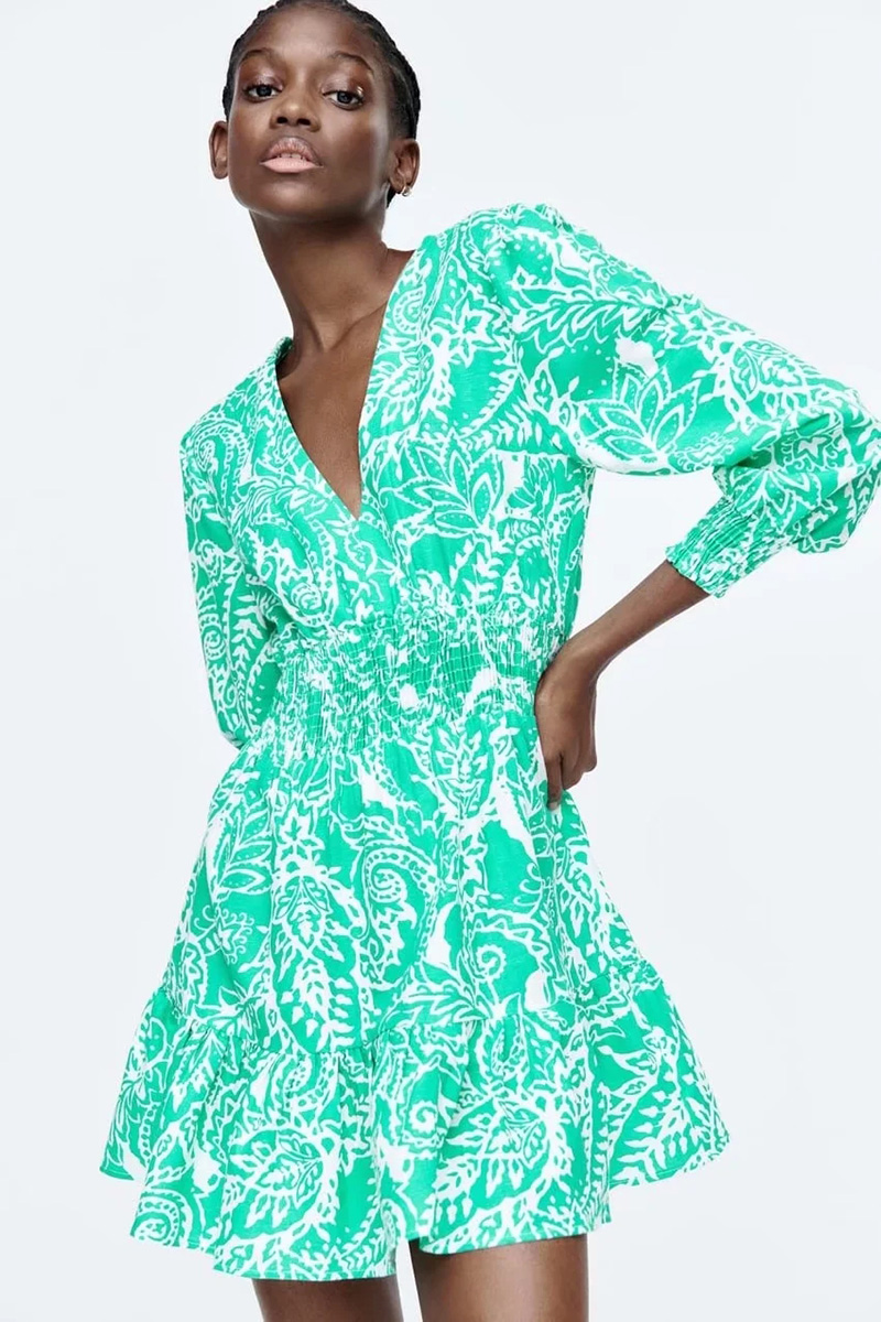 Fashion Green Printed V-neck Dress,Long Dress