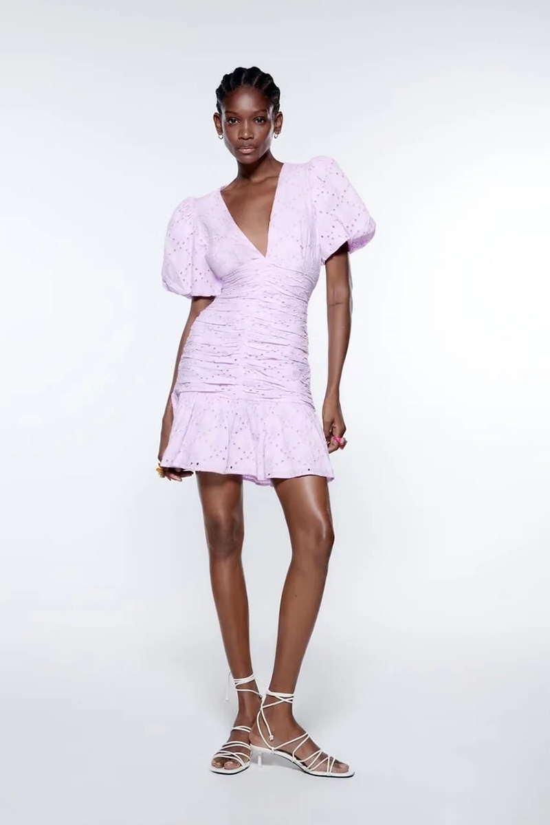 Fashion Pink Cotton V-neck Cutout Embroidered Dress,Mini & Short Dresses