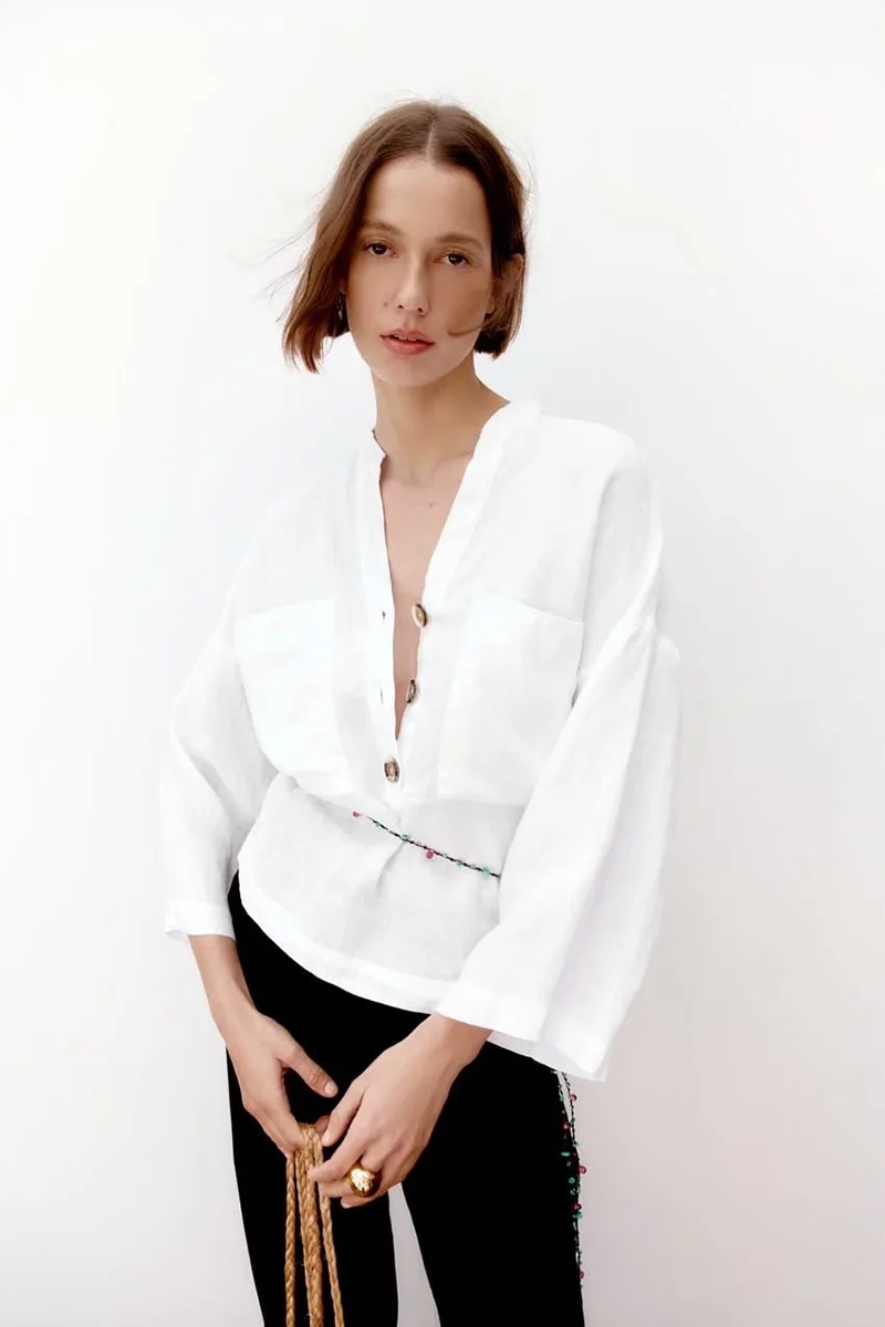 Fashion White V-neck Linen Top With Buttons,Blouses