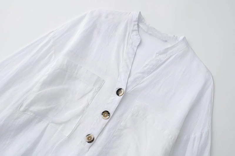 Fashion White V-neck Linen Top With Buttons,Blouses