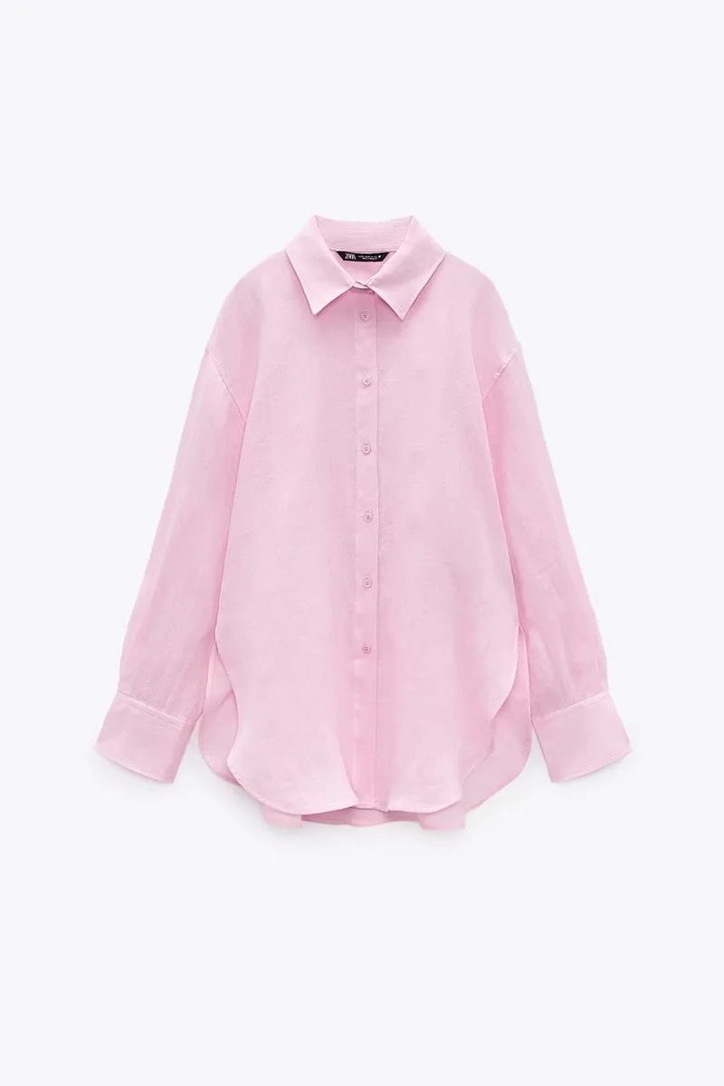 Fashion Pink Cotton Buttoned Lapel Shirt,Blouses