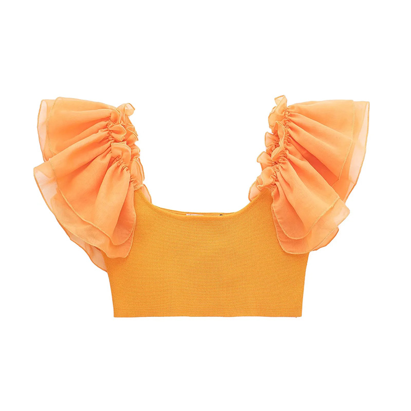 Fashion Orange Geometric Lace Sleeve Square Neck Top,Blouses