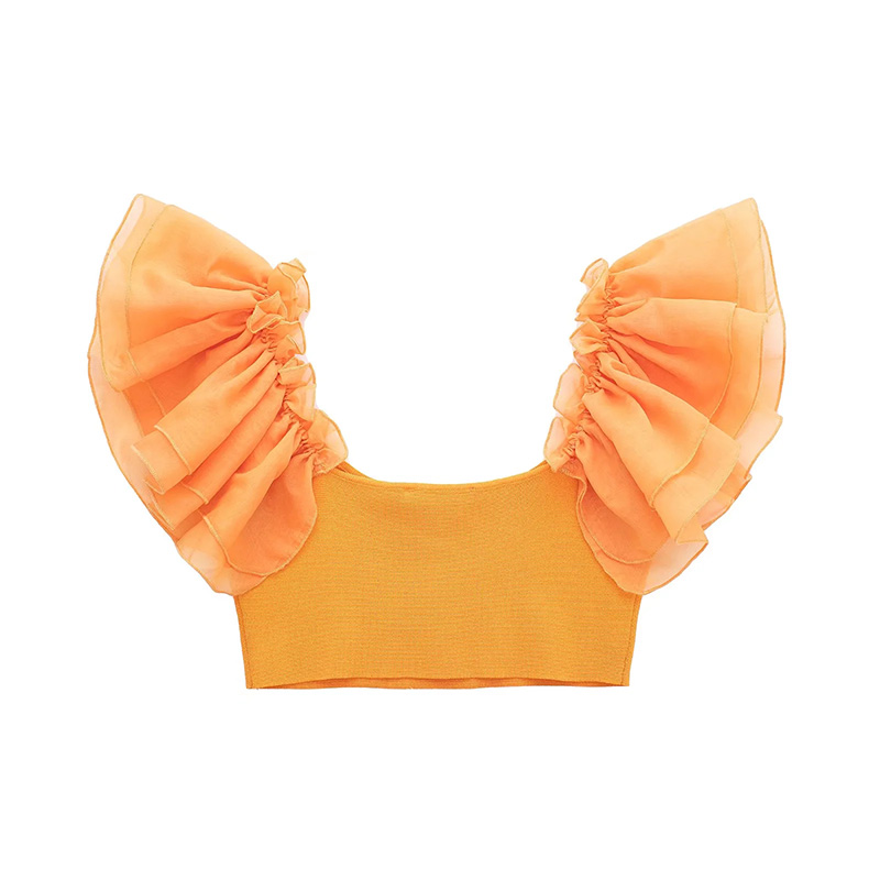 Fashion Orange Geometric Lace Sleeve Square Neck Top,Blouses