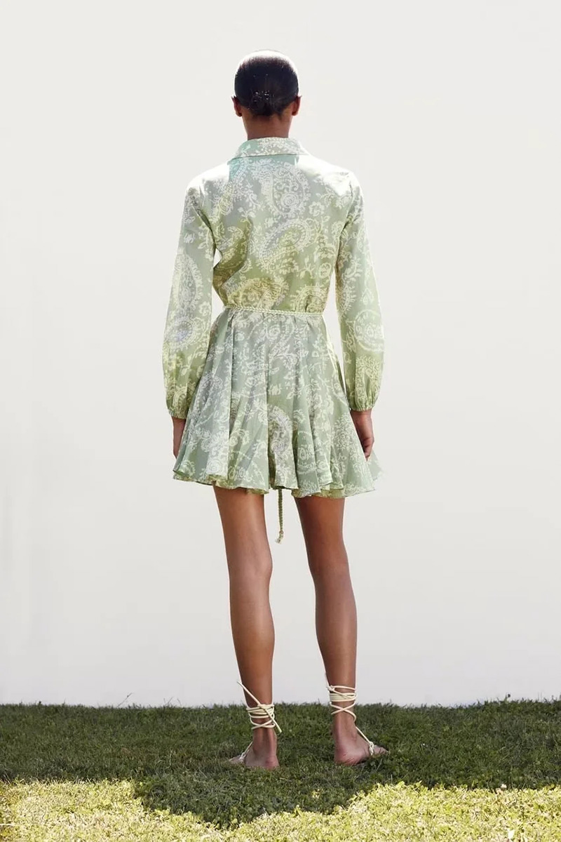 Fashion Green Printed Lace-up Dress,Mini & Short Dresses