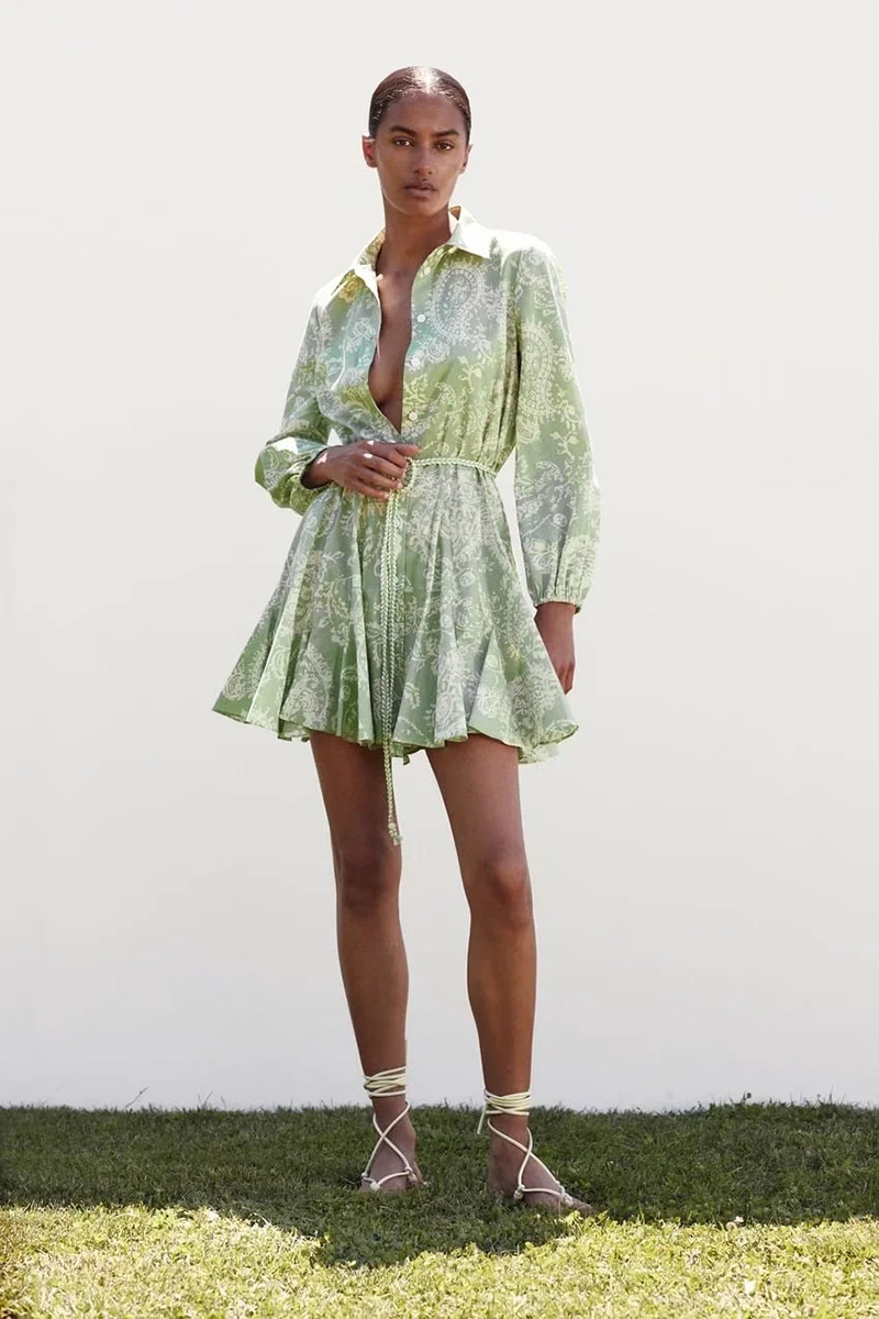 Fashion Green Printed Lace-up Dress,Mini & Short Dresses