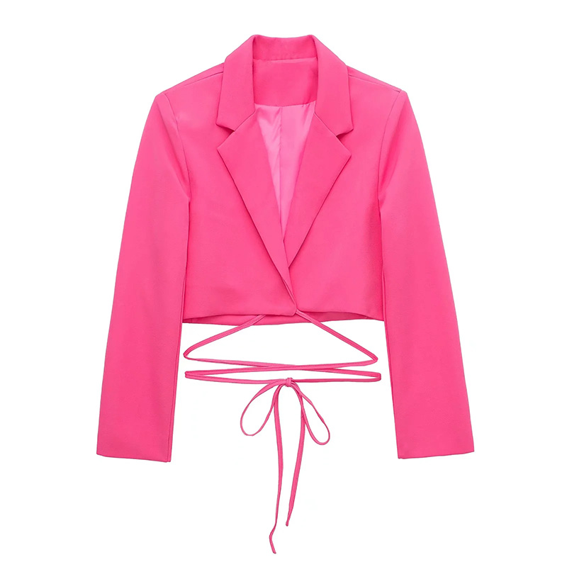 Fashion Rose Red Solid Lapel Tie Cropped Jacket,Coat-Jacket