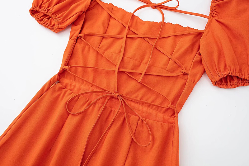 Fashion Orange Cotton Pleated Square Neck Dress,Mini & Short Dresses