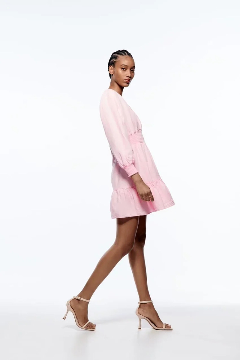 Fashion Pink Cotton V-neck Neck Waist Dress,Mini & Short Dresses