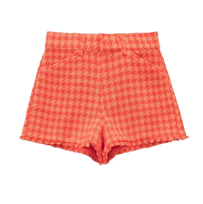 Fashion Orange Checked High Waist Shorts,ACTIVEWEAR