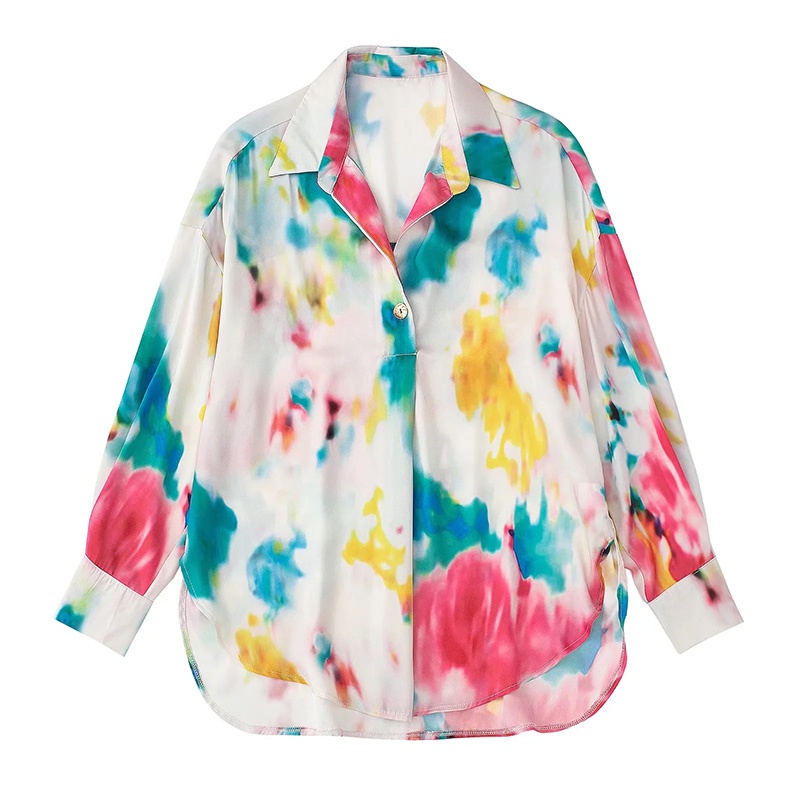 Fashion Printing Tie-dye Print Button-up Shirt,Blouses