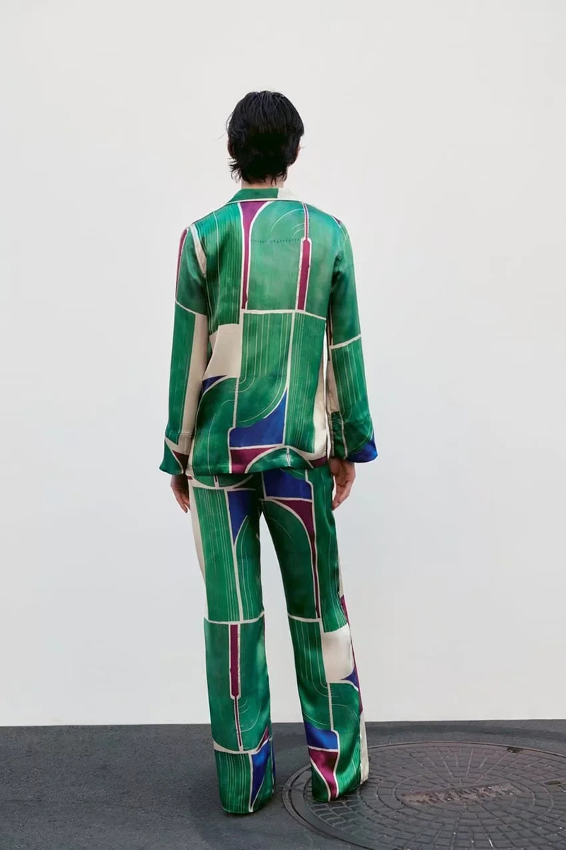 Fashion Green Geometric Print Lace-up Straight-leg Trousers,Pants