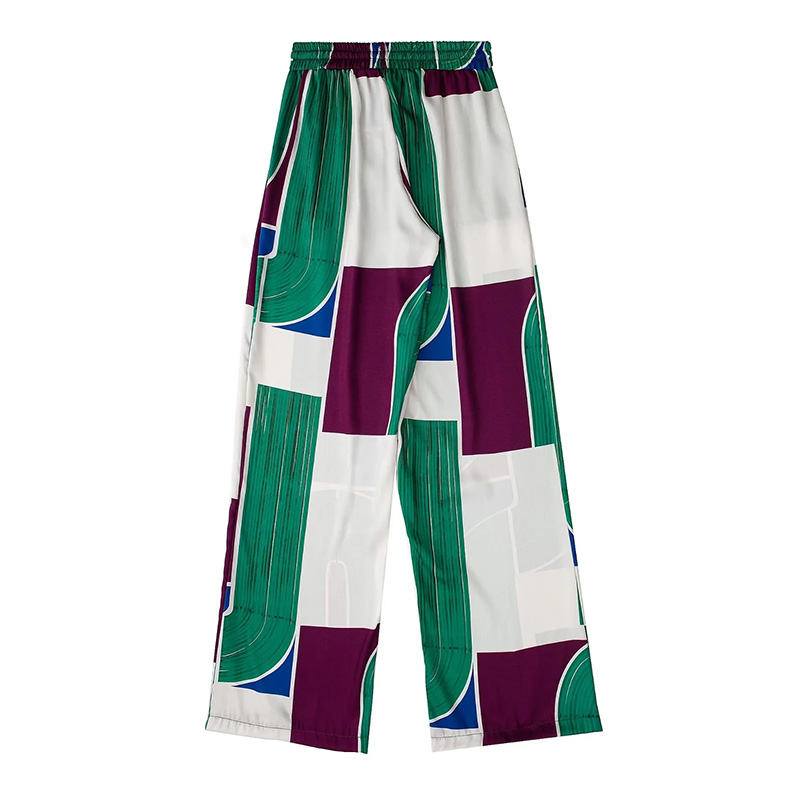 Fashion Green Geometric Print Lace-up Straight-leg Trousers,Pants