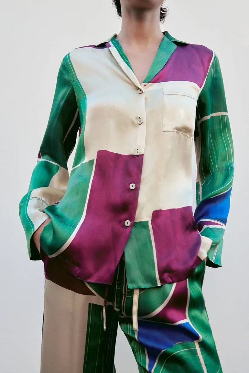 Fashion Green Geometric-print Button-down Lapel Shirt,Tank Tops & Camis
