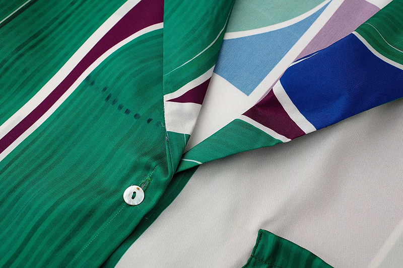 Fashion Green Geometric-print Button-down Lapel Shirt,Tank Tops & Camis