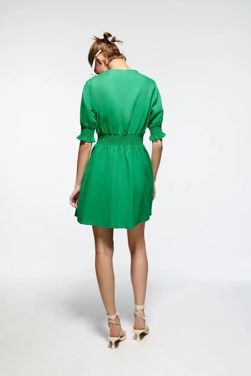 Fashion Green Cotton Neck Waist V-neck Dress,Mini & Short Dresses