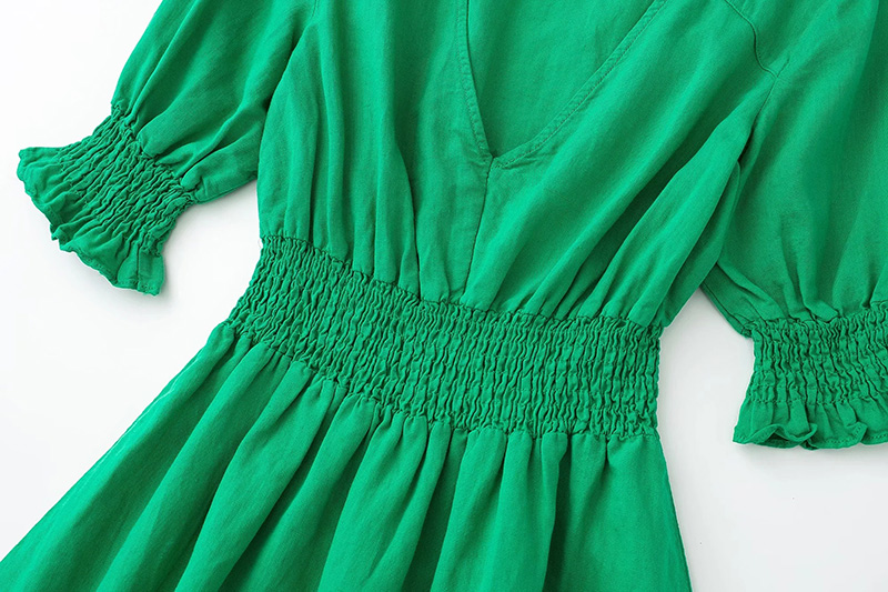 Fashion Green Cotton Neck Waist V-neck Dress,Mini & Short Dresses