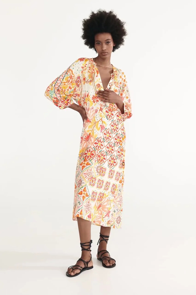 Fashion Orange Geometric Print Long-sleeve Dress,Long Dress