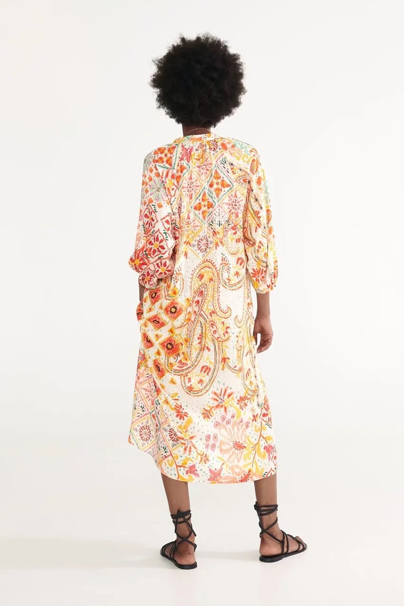 Fashion Orange Geometric Print Long-sleeve Dress,Long Dress