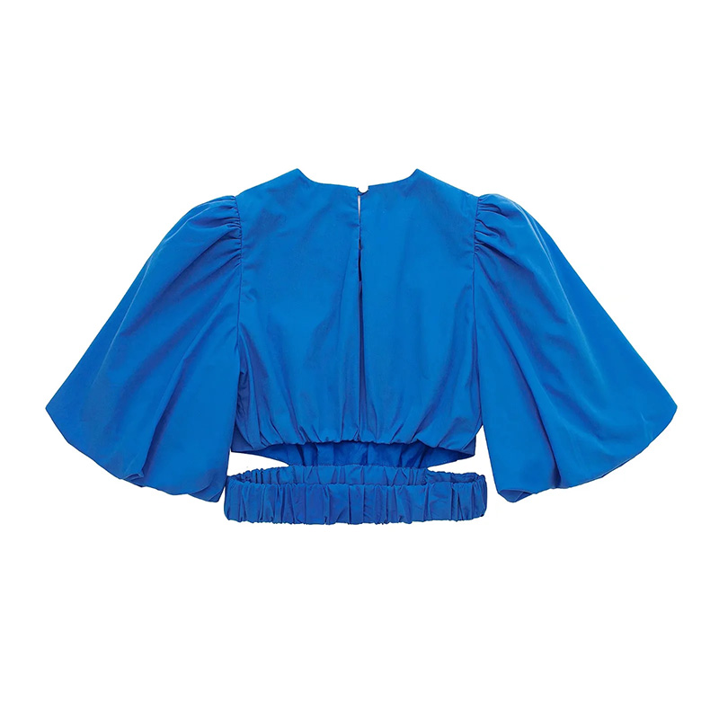 Fashion Blue Cotton Puff Sleeve Cutout Cropped Top,Tank Tops & Camis