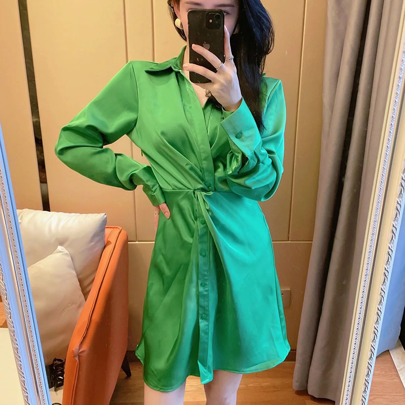 Fashion Green Solid Knotted Lapel Dress,Long Dress