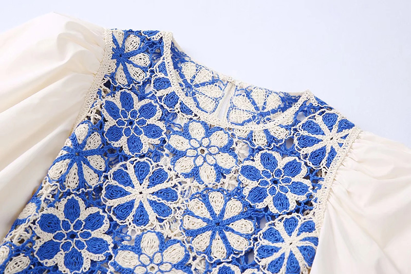 Fashion Blue Cotton Crochet Puff Sleeve Top,Tank Tops & Camis