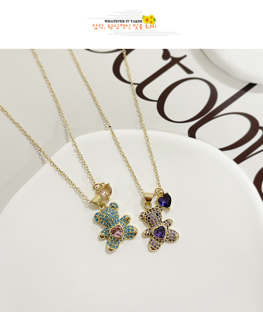 Fashion Blue Bronze Heart Zirconium Bear Necklace,Necklaces