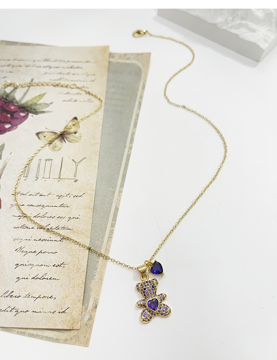 Fashion Purple Bronze Heart Zirconium Bear Necklace,Necklaces